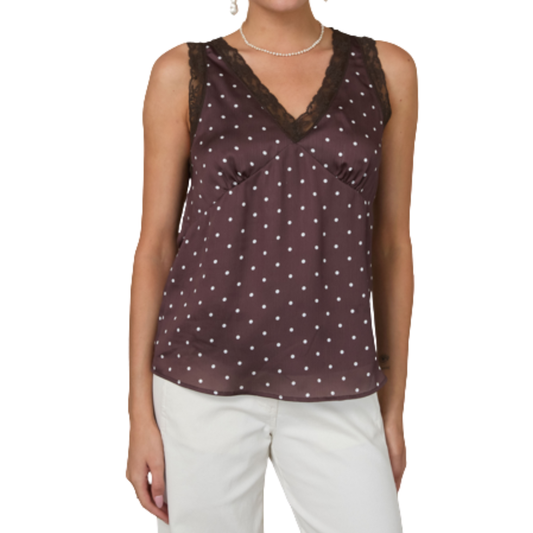 POLKA DOT LACE TRIM TANK BROWN