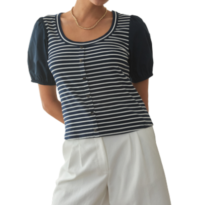 STRIPED PUFF SLEEVE TOP NAVY/WHITE