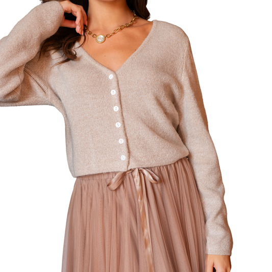 MILA VNECK KNITTED CARDIGAN TAUPE