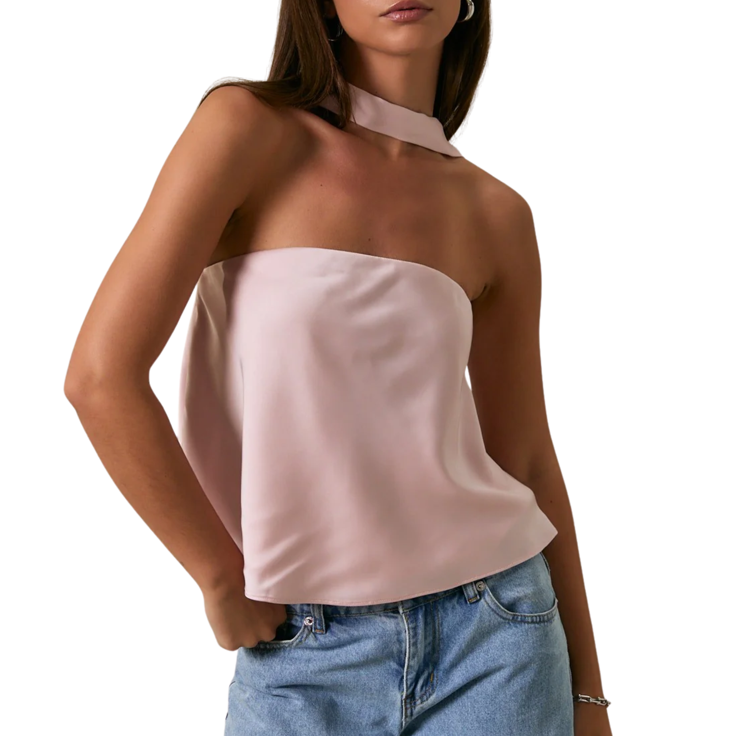 STRAPLESS SCARF SATIN TOP PINK
