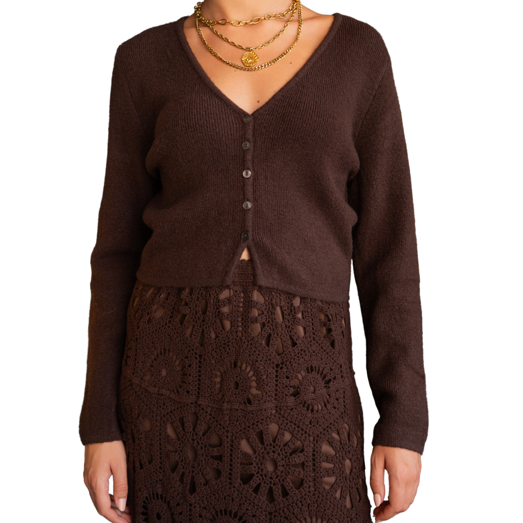 MILA VNECK KNITTED CARDIGAN CHOCOLATE
