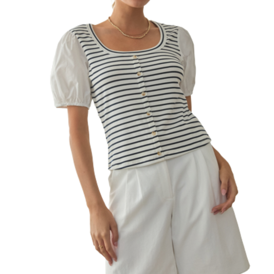 STRIPED PUFF SLEEVE TOP WHITE/NAVY