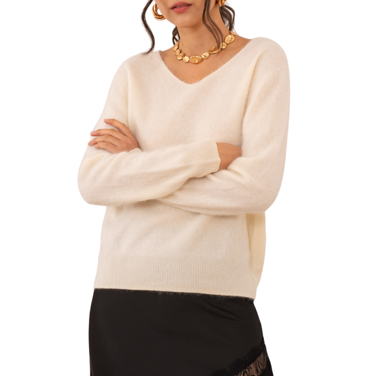 BRUSHED CASHMERE VNECK SWEATER ECRU