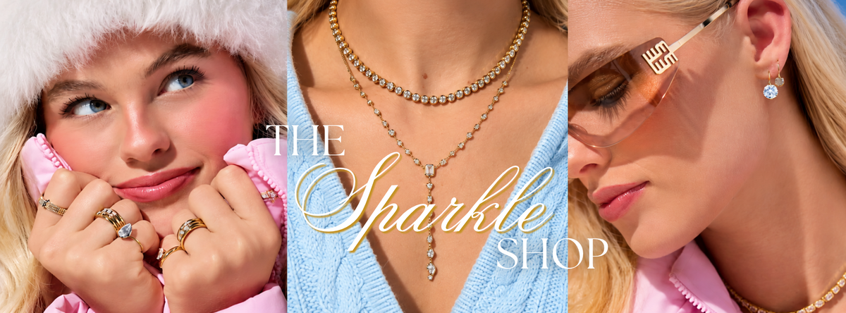 Three-panel jewelry banner featuring gold and diamond rings, layered necklaces, and sparkling earrings styled with pink and blue accents.