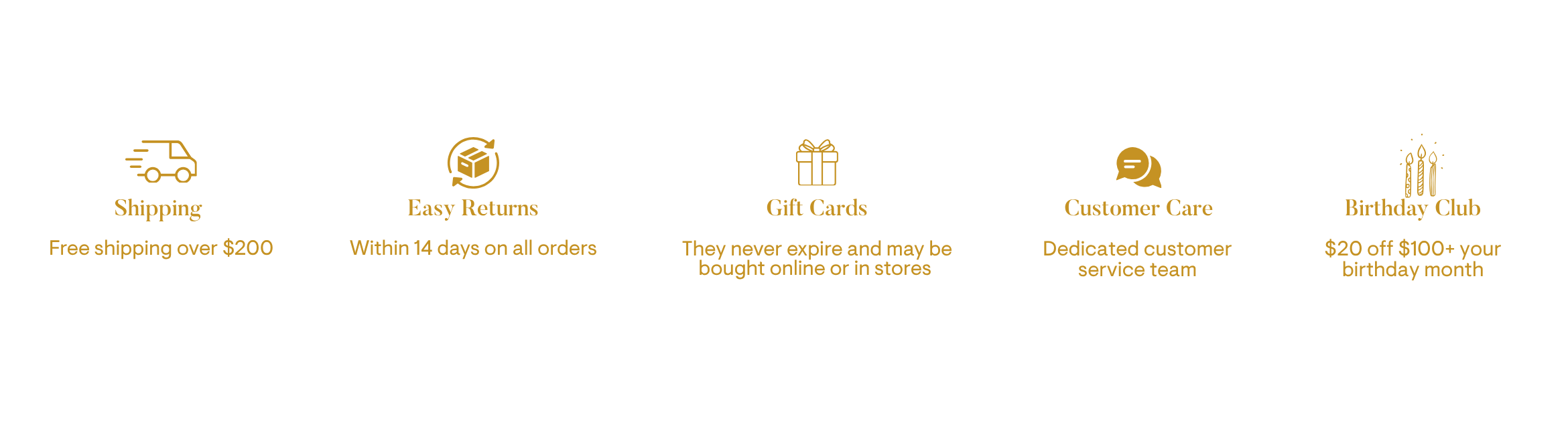 A horizontal banner with five gold icons and text on a white background: Shipping, Easy Returns, Gift Cards, Customer Care, and Birthday Club.