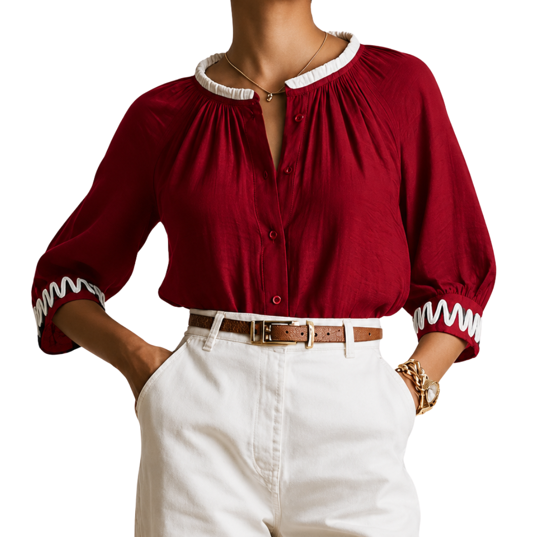 ABSTRACT POPOVER BLOUSE WINE