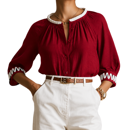 ABSTRACT POPOVER BLOUSE WINE