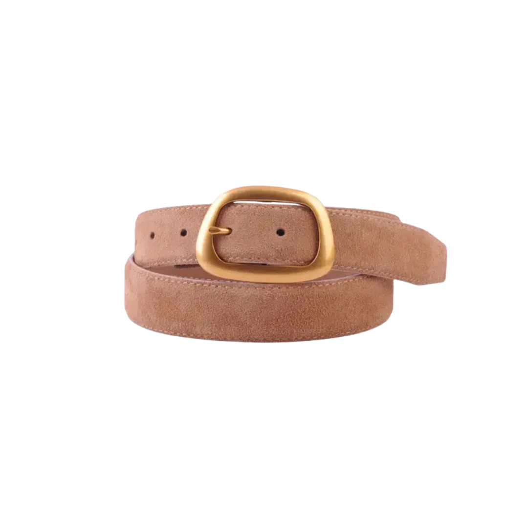 SUEDE CURVED GOLD BUCKLE BELT CAMEL