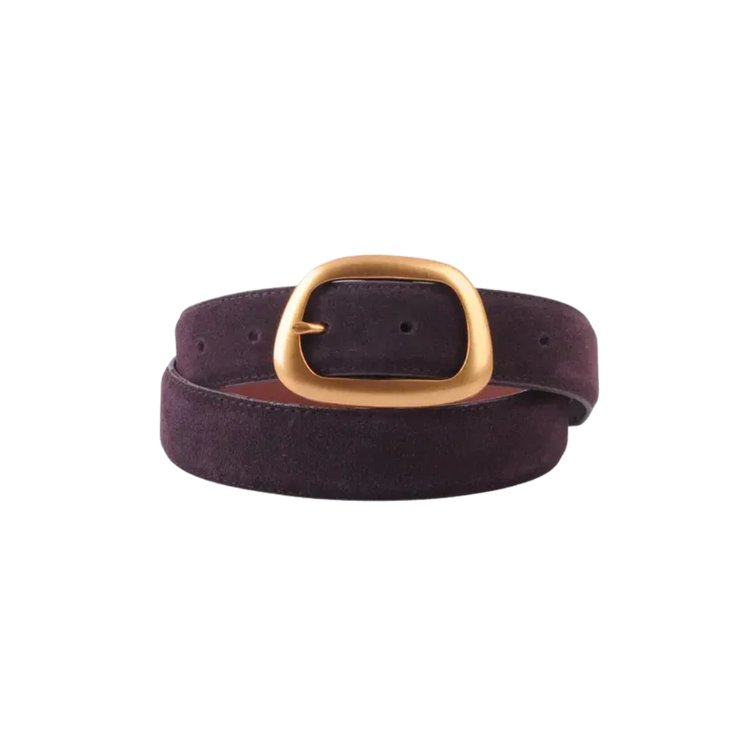 SUEDE CURVED GOLD BUCKLE BELT CHOCOLATE