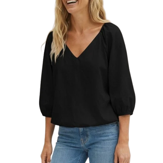 PUFF SLEEVE V-NECK BLOUSE BLACK