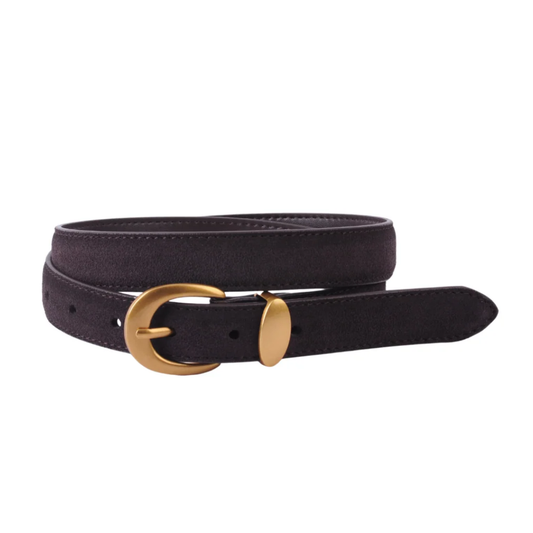 SUEDE CURVED GOLD BUCKLE BELT CHOCOLATE
