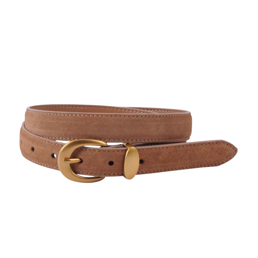 SUEDE CURVED GOLD BUCKLE BELT CAMEL