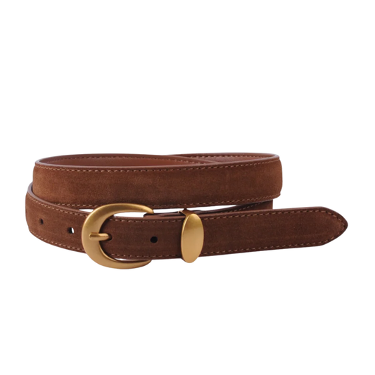 SUEDE CURVED GOLD BUCKLE BELT CARAMEL