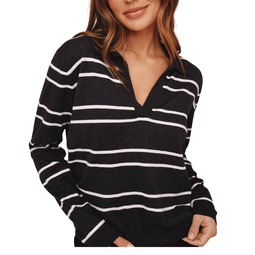 PLACKET PULLOVER SWEATER GRAPHITE STRIPE