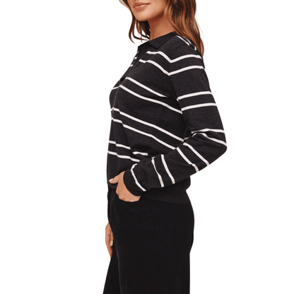 PLACKET PULLOVER SWEATER GRAPHITE STRIPE