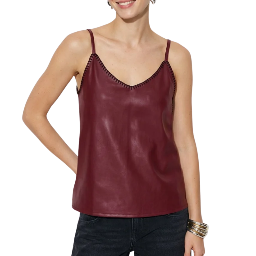 VEGAN LEATHER WHIPSTITCH CAMI BURGUNDY