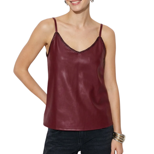 VEGAN LEATHER WHIPSTITCH CAMI BURGUNDY