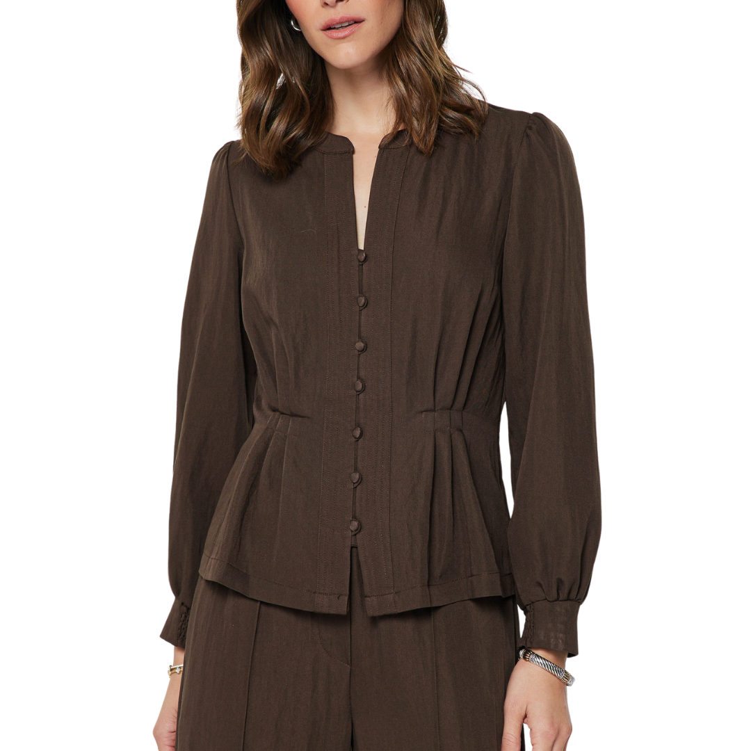 BELLA BUTTON UP PEPLUM TOP COCOA