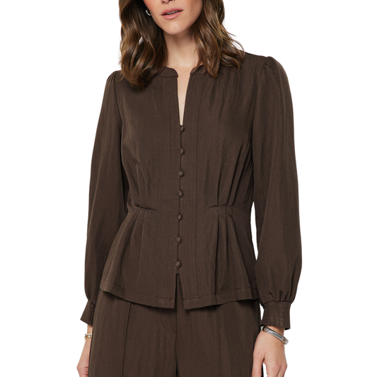 BELLA BUTTON UP PEPLUM TOP COCOA