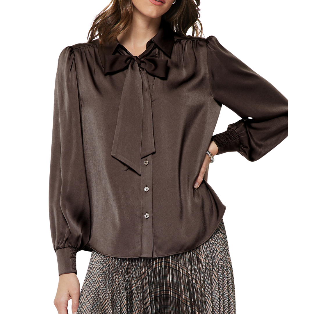 ELLIS SATIN BUTTON DOWN BLOUSE BROWN