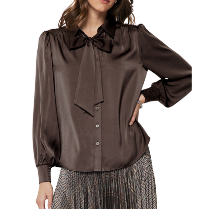 ELLIS SATIN BUTTON DOWN BLOUSE BROWN