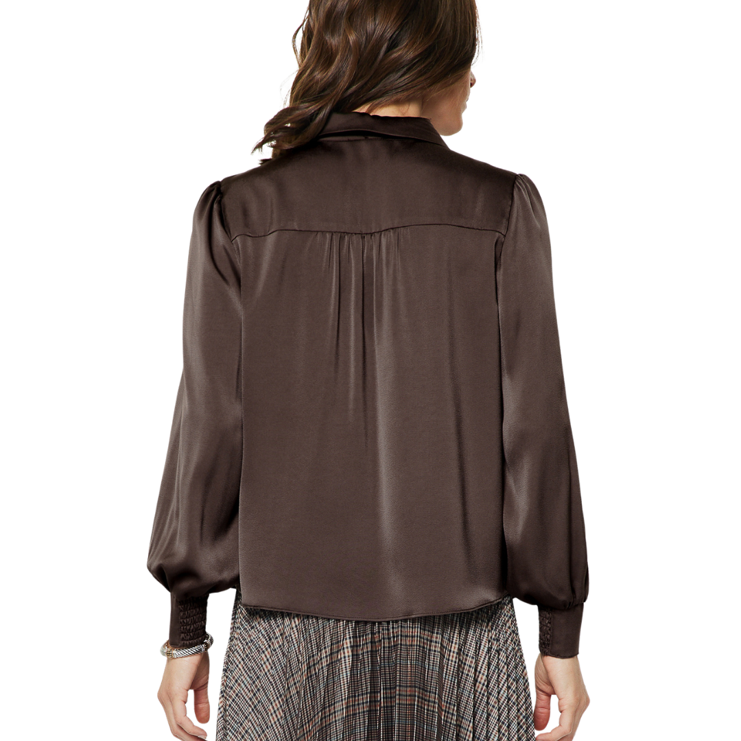 ELLIS SATIN BUTTON DOWN BLOUSE BROWN