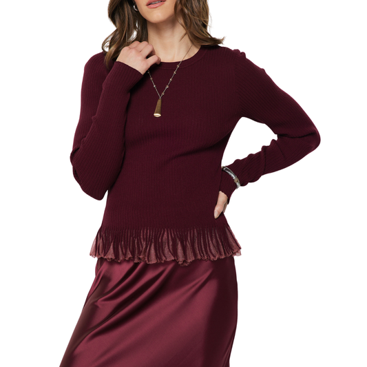 RILEY RIBBED RUFFLE HEM SWEATER BURGUNDY