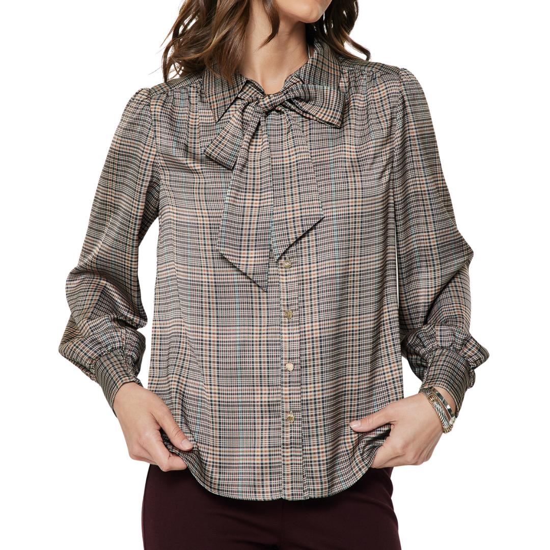ELLIS SATIN BUTTON DOWN BLOUSE PLAID