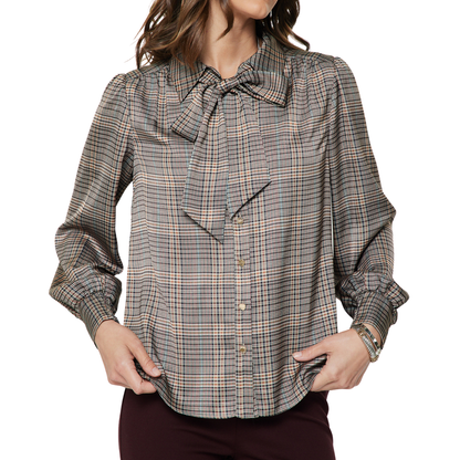 ELLIS SATIN BUTTON DOWN BLOUSE PLAID