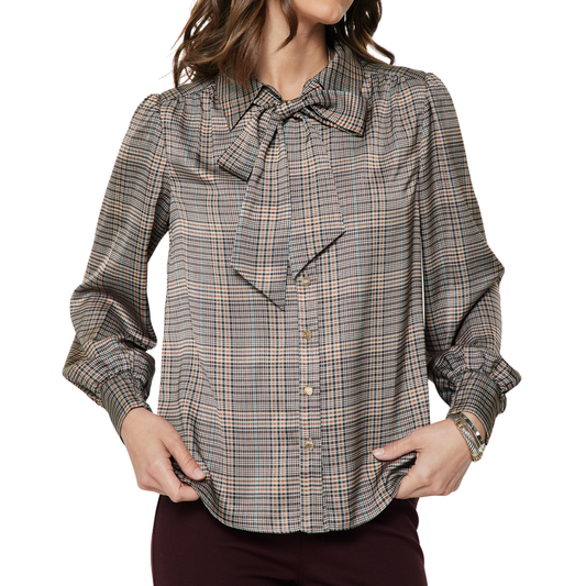 ELLIS SATIN BUTTON DOWN BLOUSE PLAID