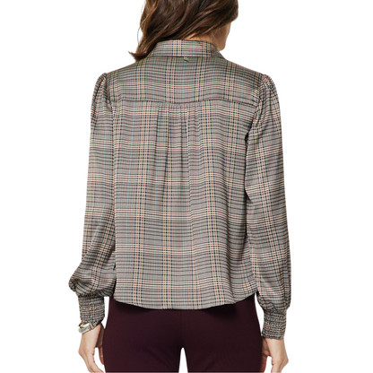 ELLIS SATIN BUTTON DOWN BLOUSE PLAID
