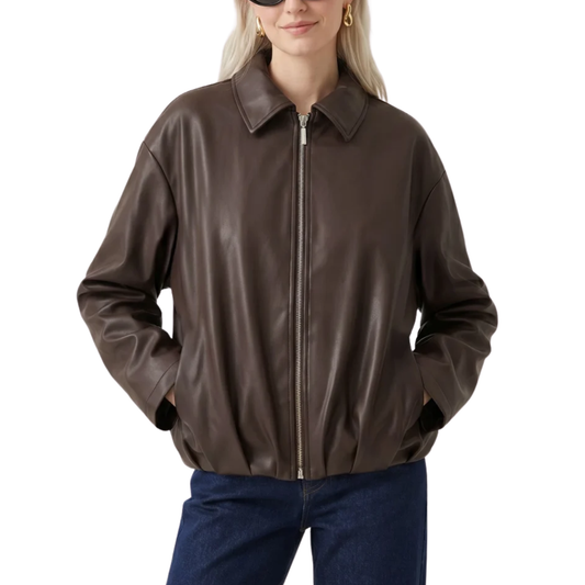 RAVEN VEGAN LEATHER BOMBER JACKET CHOCOLATE