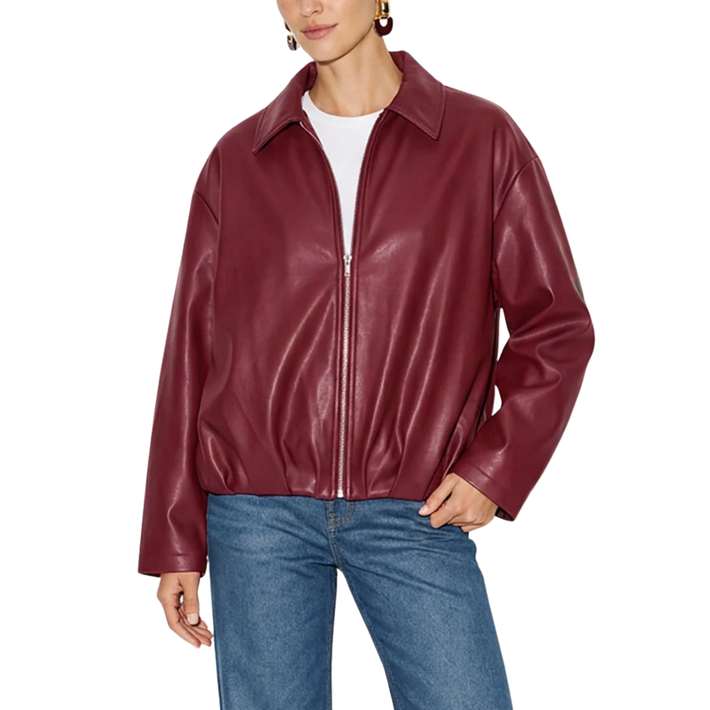 RAVEN VEGAN LEATHER BOMBER JACKET BURGUNDY