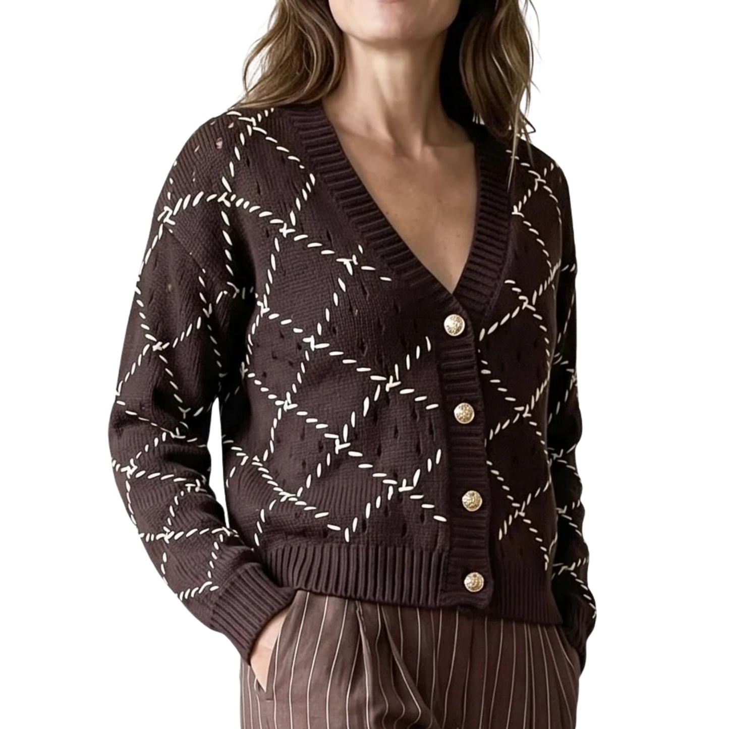 WHIPSTITCH BUTTON CARDIGAN BROWN