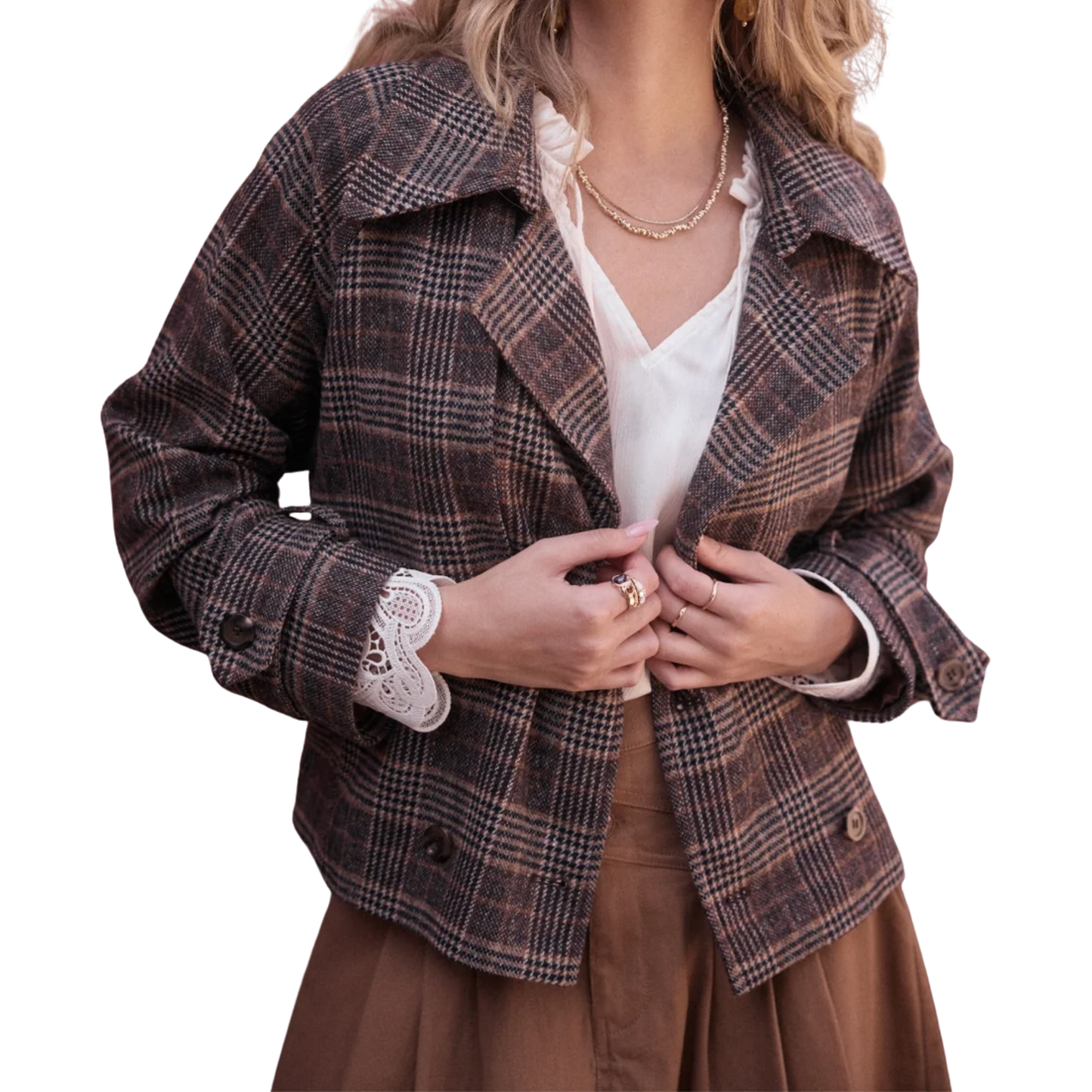 PLAID CROPPED TRENCH COAT BROWN