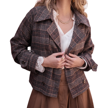 PLAID CROPPED TRENCH COAT BROWN