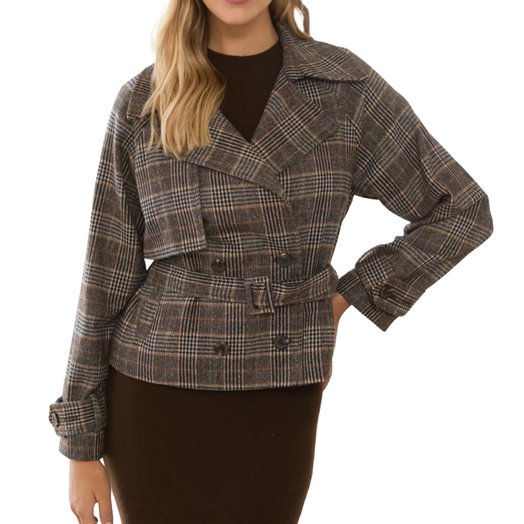 PLAID CROPPED TRENCH COAT BROWN
