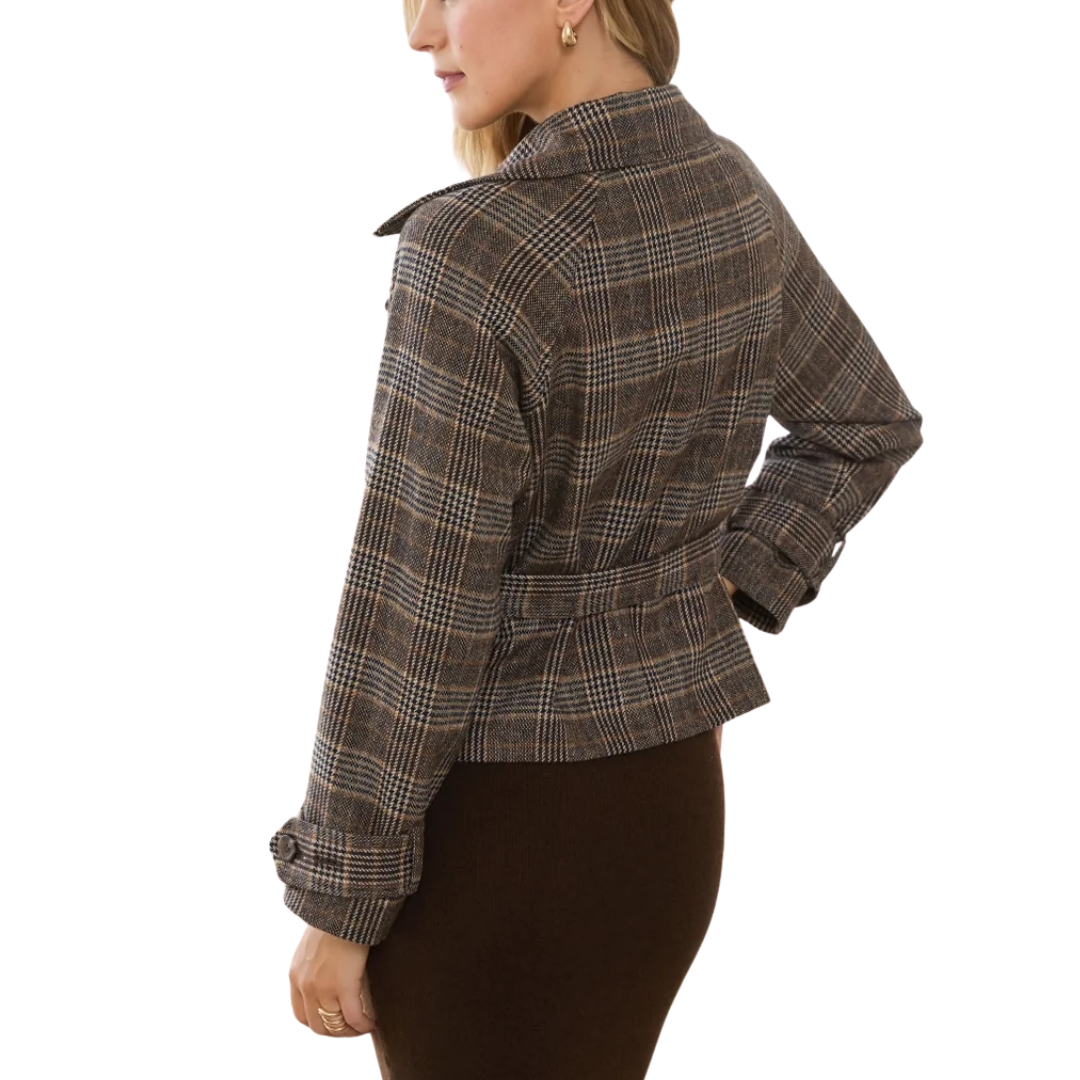 PLAID CROPPED TRENCH COAT BROWN