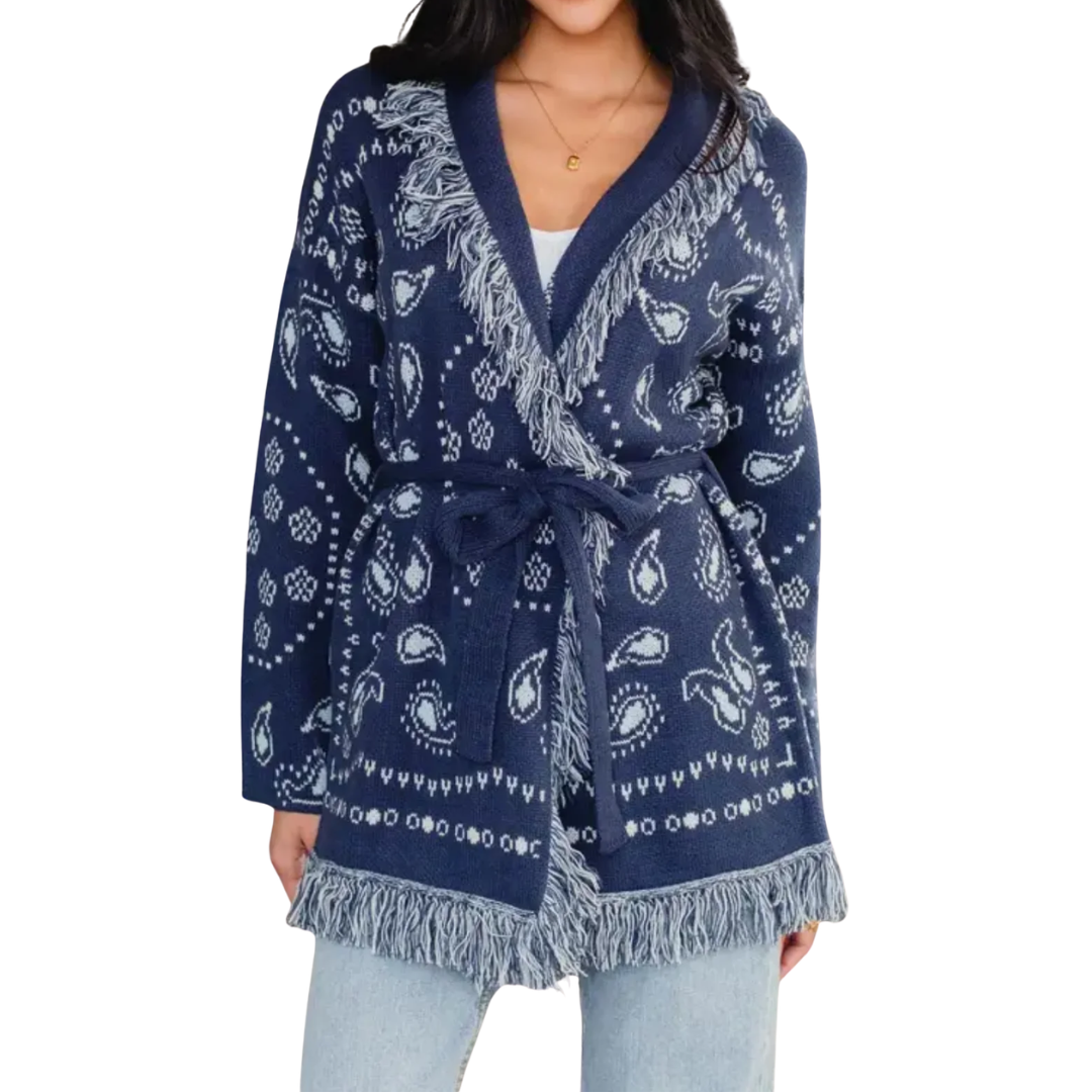 CECE BANDANA FRINGE CARDIGAN BLUE