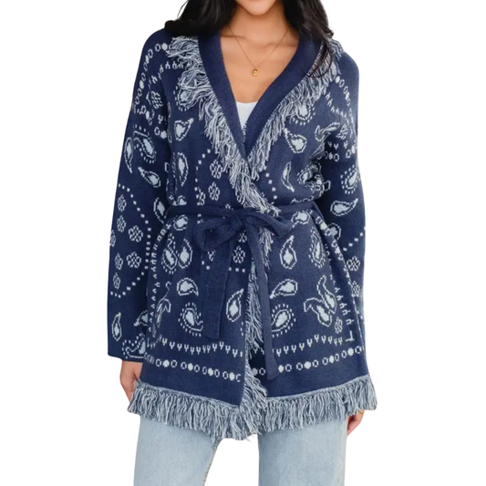 CECE BANDANA FRINGE CARDIGAN BLUE