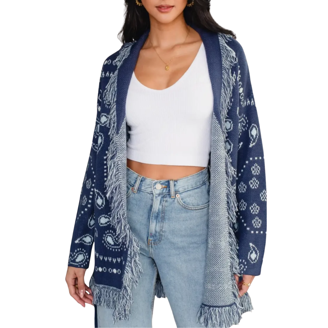 CECE BANDANA FRINGE CARDIGAN BLUE