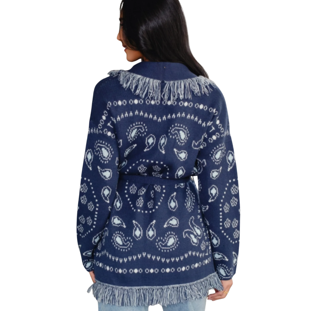 CECE BANDANA FRINGE CARDIGAN BLUE
