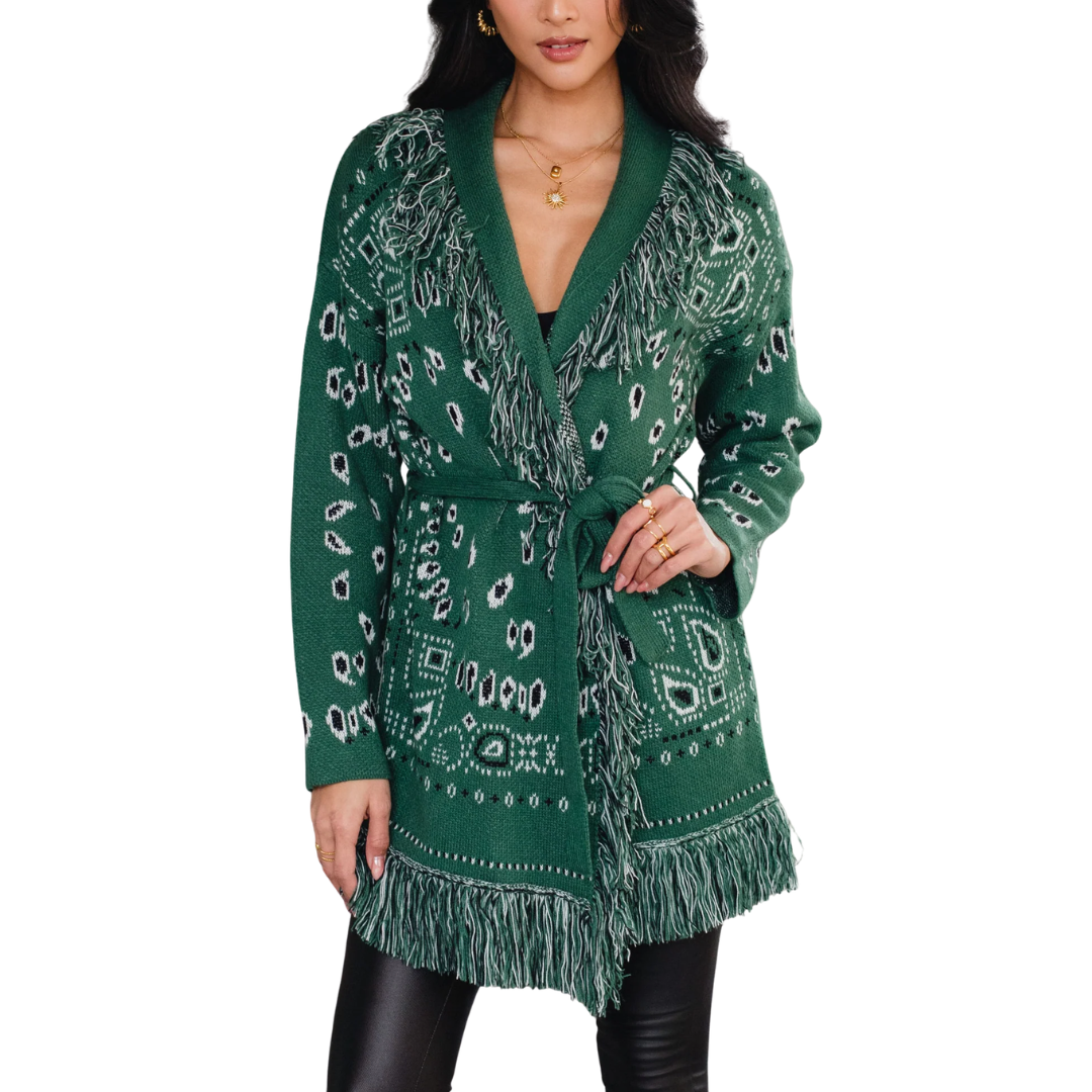 CECE BANDANA FRINGE CARDIGAN GREEN