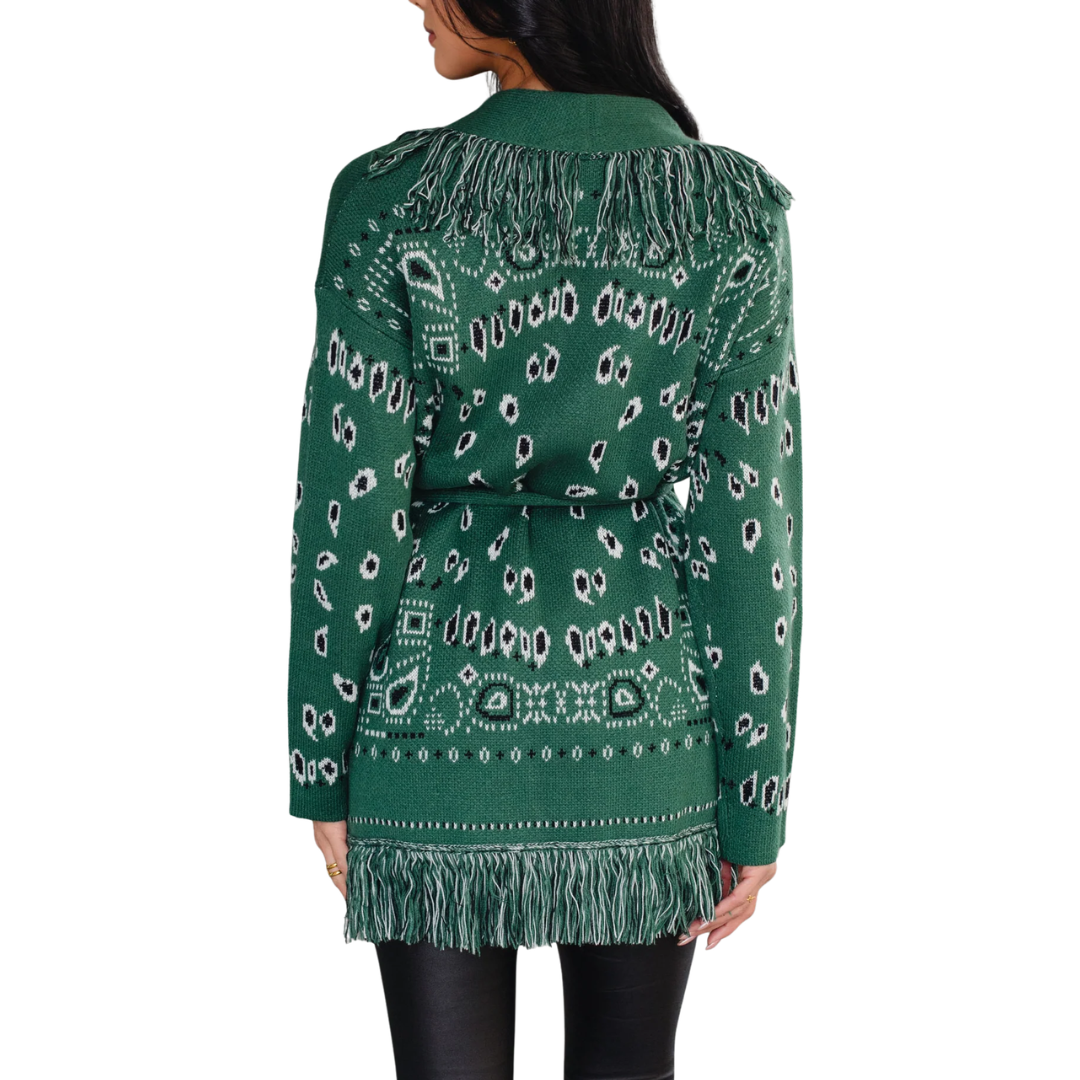 CECE BANDANA FRINGE CARDIGAN GREEN