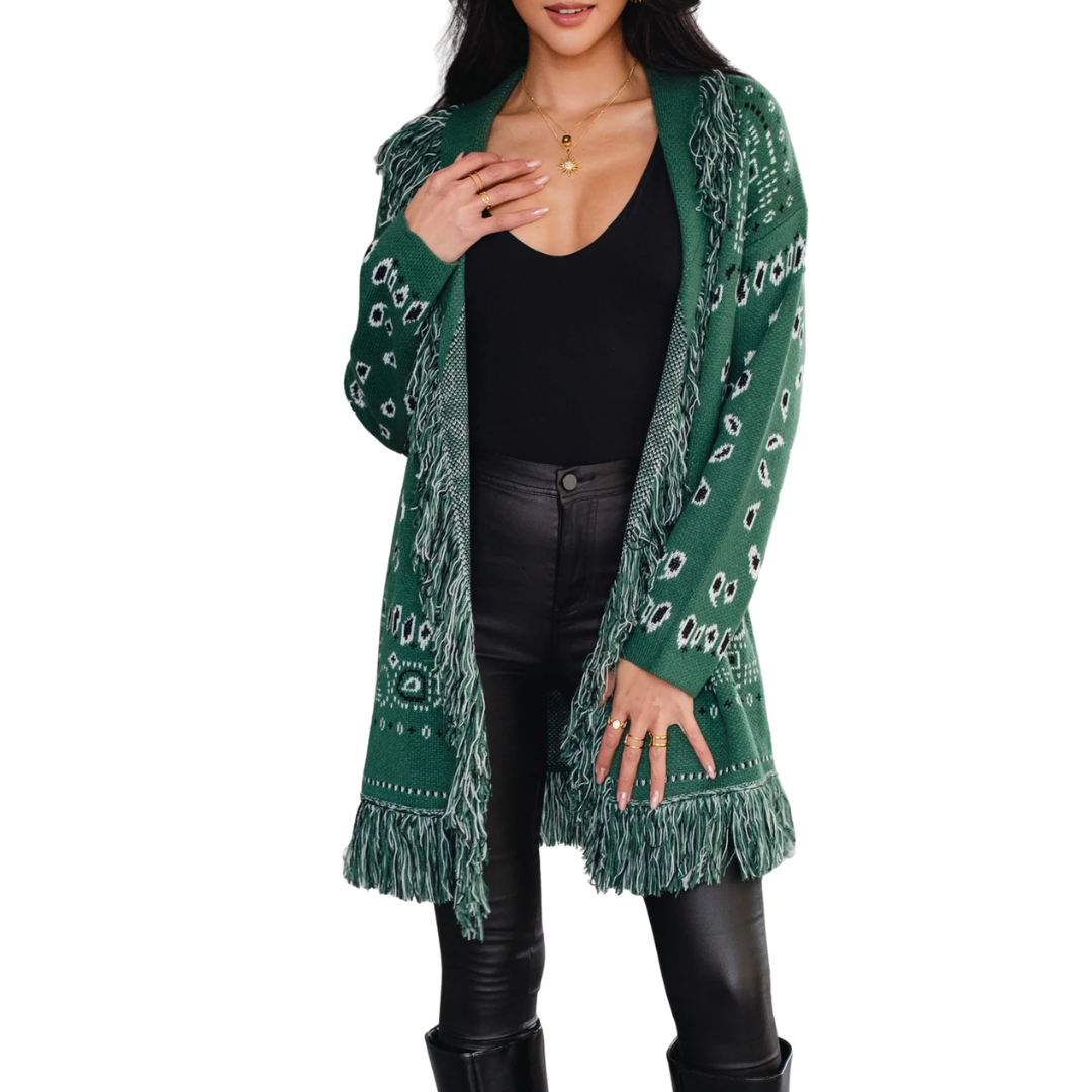 CECE BANDANA FRINGE CARDIGAN GREEN