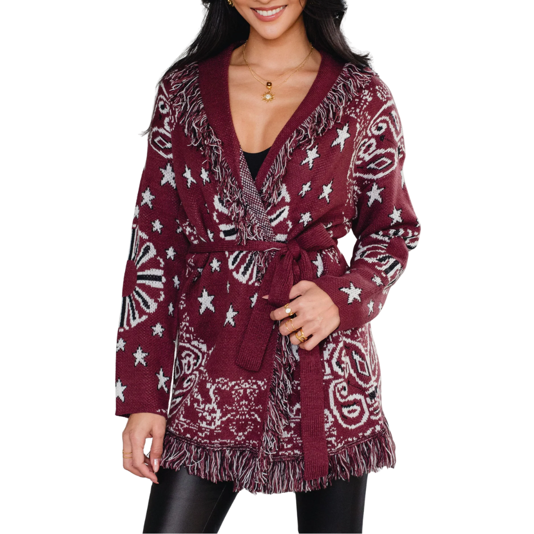 CECE BANDANA FRINGE CARDIGAN BURGUNDY