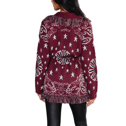 CECE BANDANA FRINGE CARDIGAN BURGUNDY