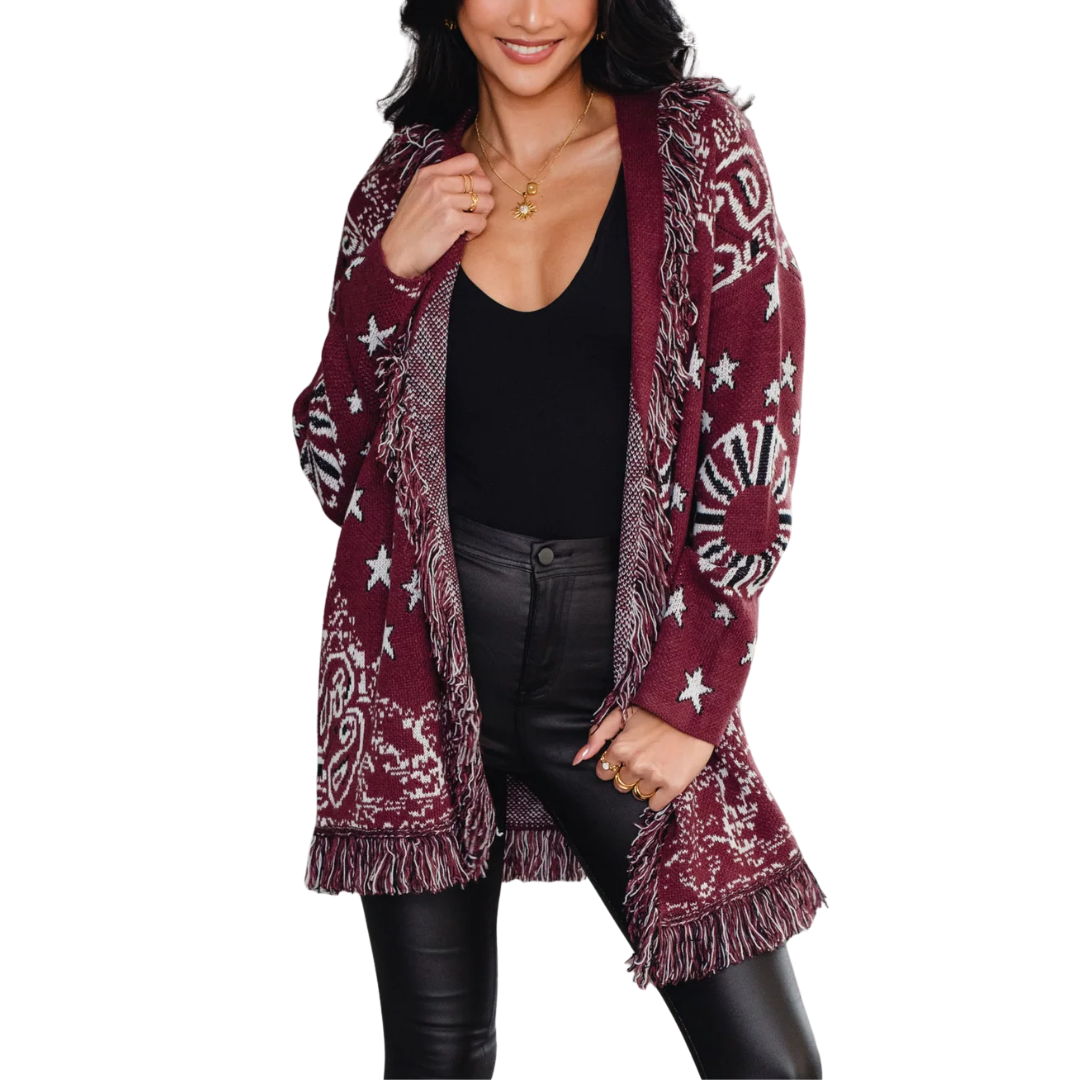 CECE BANDANA FRINGE CARDIGAN BURGUNDY