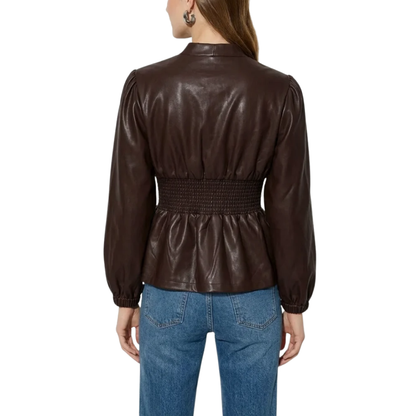 SADIE SMOCKED VEGAN LEATHER BLOUSE CHOCOLATE
