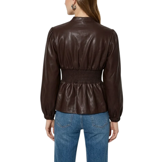 SADIE SMOCKED VEGAN LEATHER BLOUSE CHOCOLATE